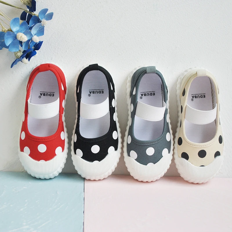 Black Red Grey Beige Spring Cute Polka Dot Canvas Shoes Soft Soled Elastic Fabric Cold Adhesive Indoor Sneakers ED7007