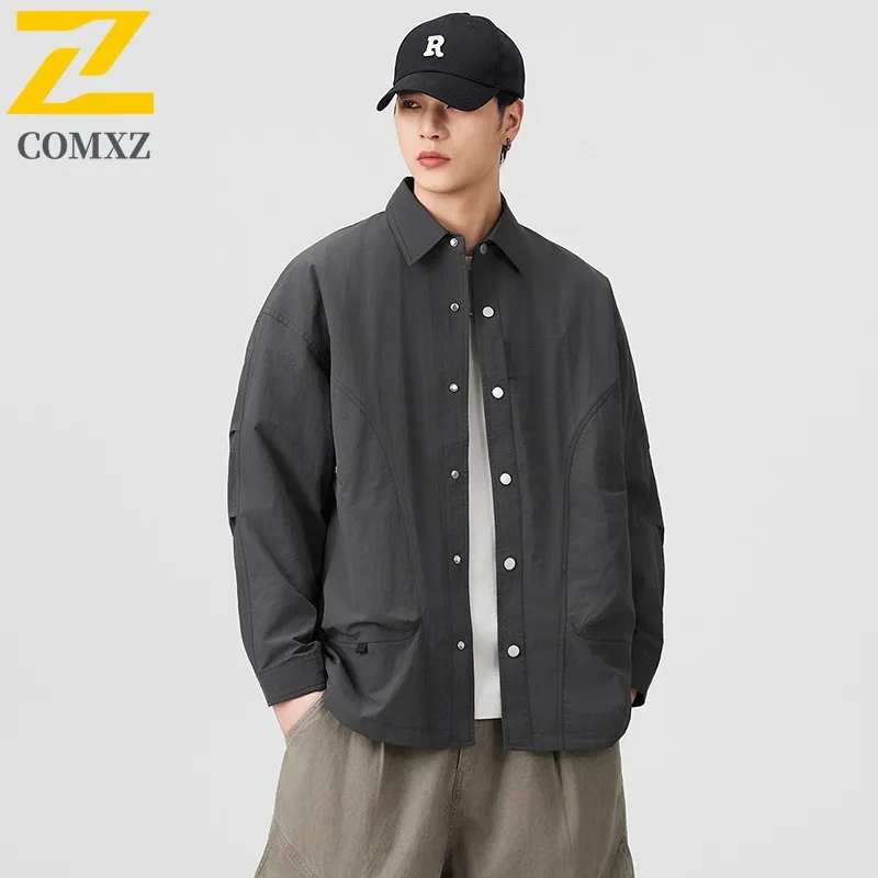 COMXZ Male Jacket Turndown Collar Outdoor Climbing Windproof Motorcycle Coat Single Breasted Design Wear Resistant Autumn Wear
