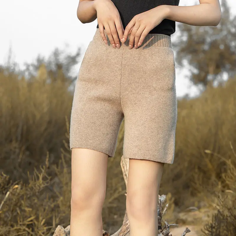 여성용 100% 울 니트 반바지, 하이웨이스트 루즈핏 와이드 레그 캐시미어룩 따뜻한 겨울 바지, 포켓 캐주얼 스타일