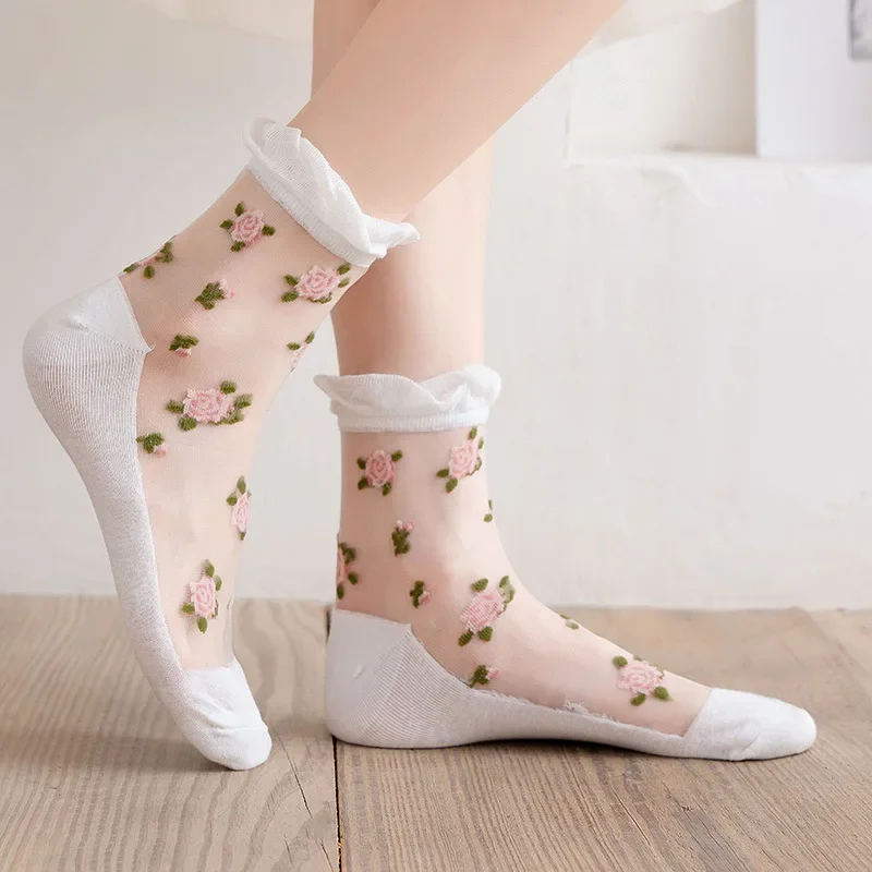 1 Pair Women Flower Sock Summer Lace Crystal Glass Silk Socks Short Thin Transparent Roses Jacquard Elastic Ultra Thin Socks