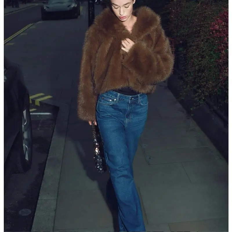 

Autumn Winter New Sle Women's Retro Lapel Long Sve Faux Fur ort Coat Artificial Mink Effect Casual Streetwear Jaet