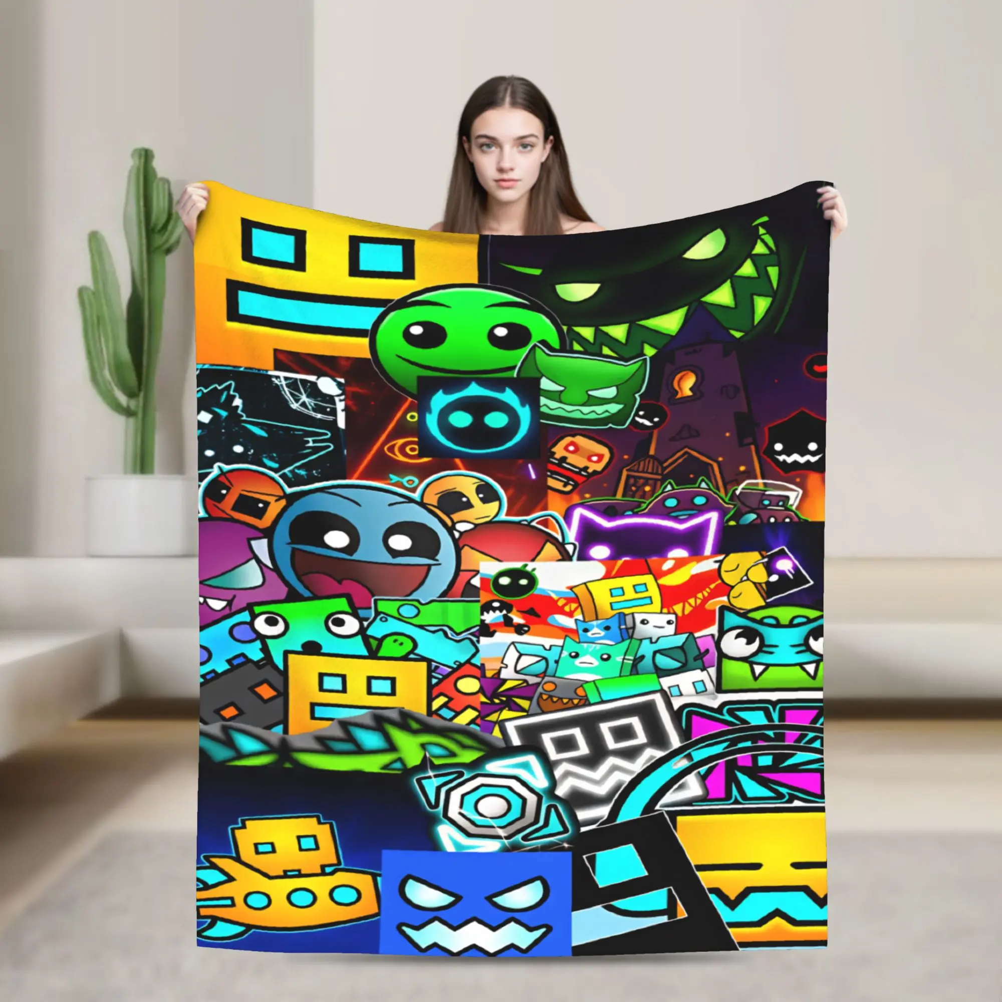 Geometry Dash Games Flannel Blanket Winter Super Soft Throw Blanket for Girls Boys Home Decor Street Trend Bedspread Bed Cover