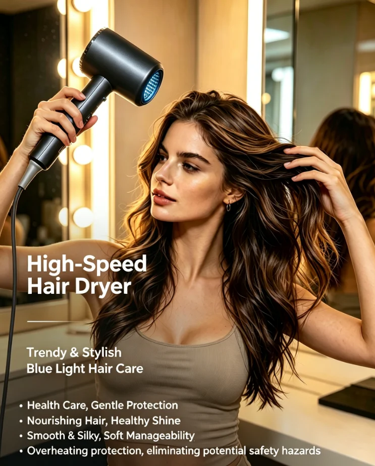 Fast Drying Ionic Blow Dryer 1200W High Speed Hair Dryer with Blue Light Care 4 Heat Modes 0.4kg Lightweight Smooth Shiny Hair