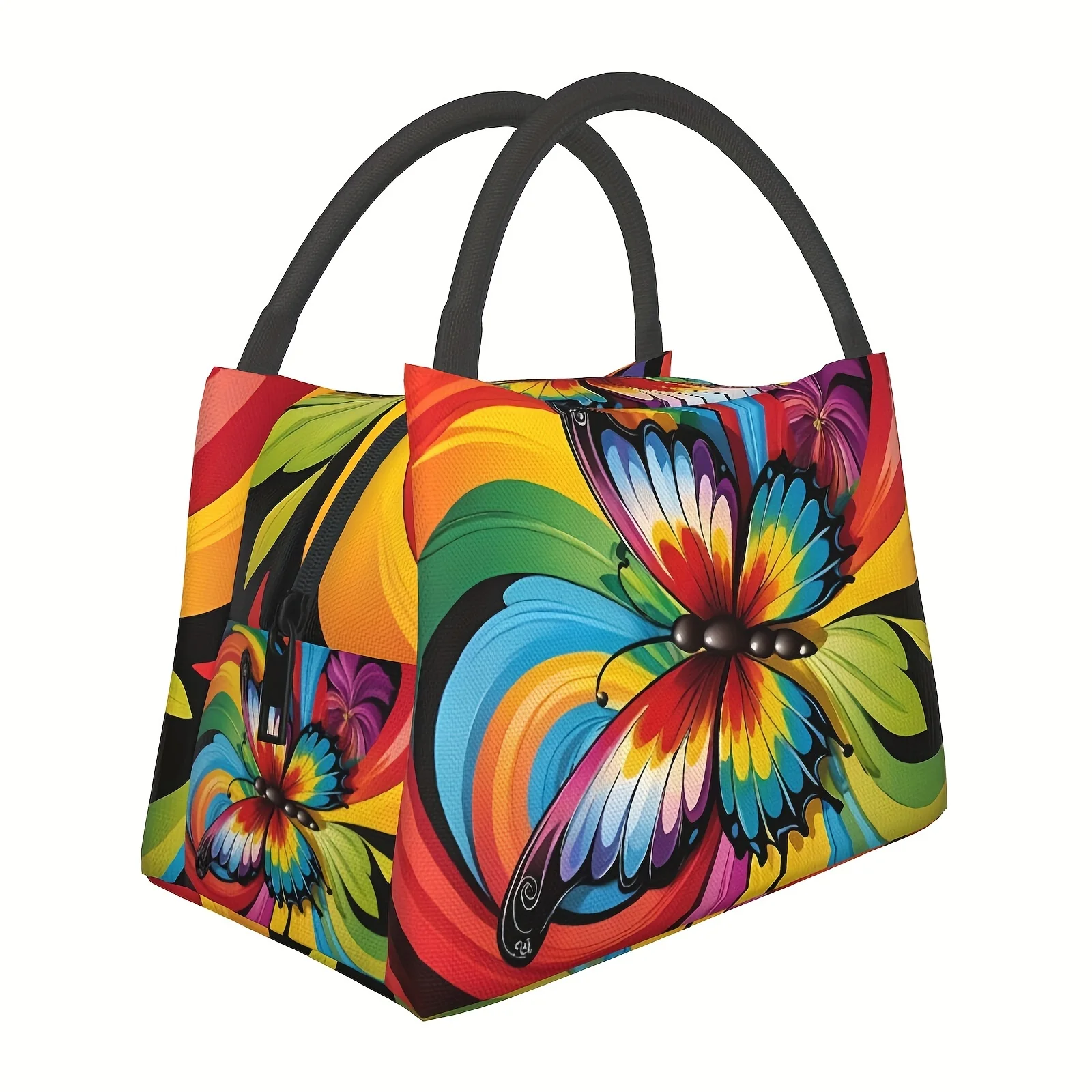 Rainbow Butterfly Print Lunch Bag Vibrant Swirl Art Pattern Insulated Cooler Bag Reusable Leakproof Tote Bag For Picnic Use