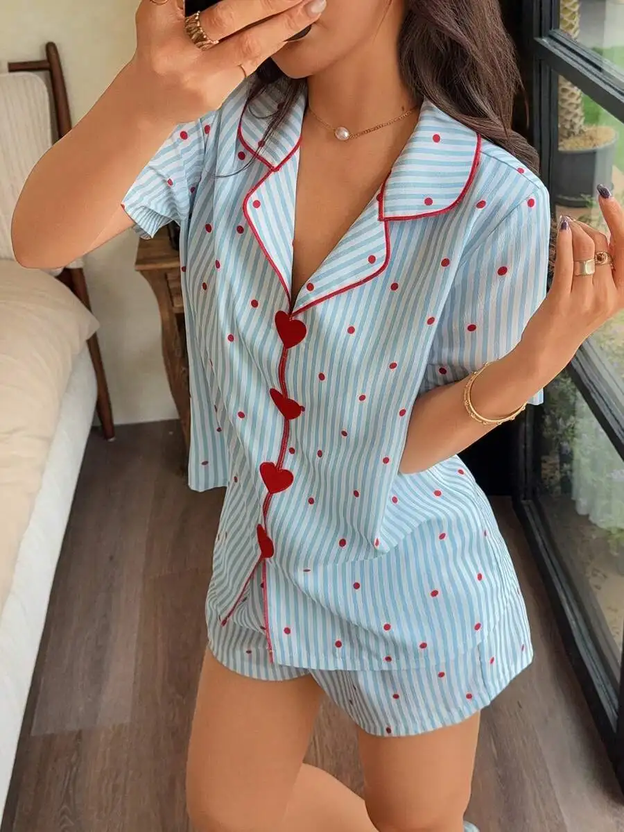 Blue Striped Red Polka Dot Heart Embroidered Pajama Set Short Sleeve Collared Top And Shorts Women