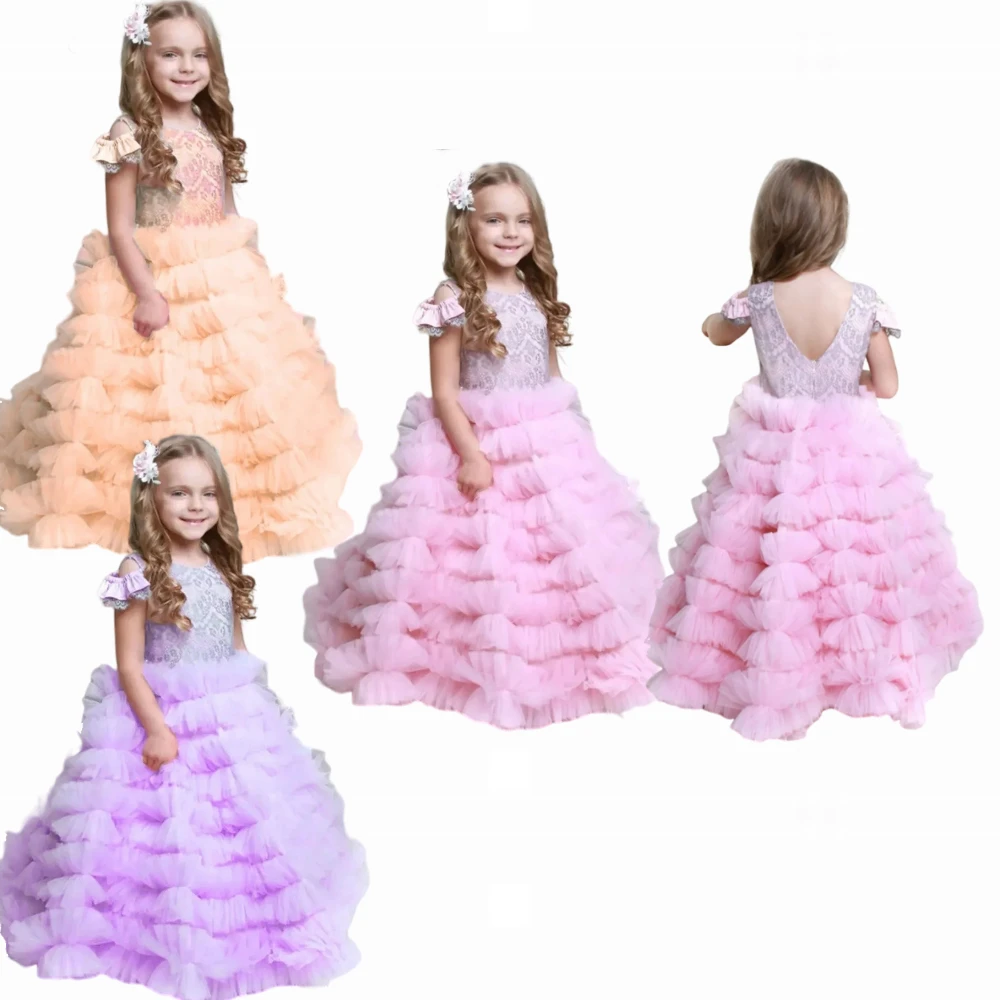 Pink Angel Layered Tulle  Flower Girl Dress Lace Wedding Elegant First Communion Gowns Birthday Princess Party Girl Gift