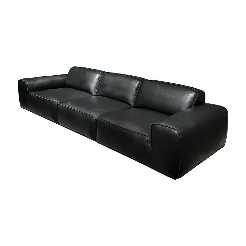 Ledersofa für das Wohnzimmer, erste Schicht Rindsleder, schwarz, italienische minimalistische Tofu-Blöcke