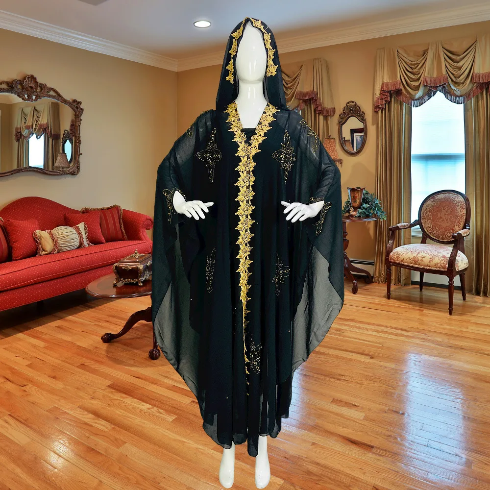 

Shawl New Hot Stamping Diamond Bead Embroidery Lace Muslim Dress, Plus Size Women's Hooded Robe