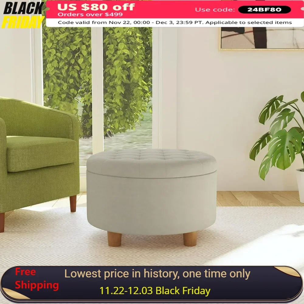 

Large Button Tufted Velvet Round Storage Ottoman | Ottoman With Storage For Living Room & Bedroom