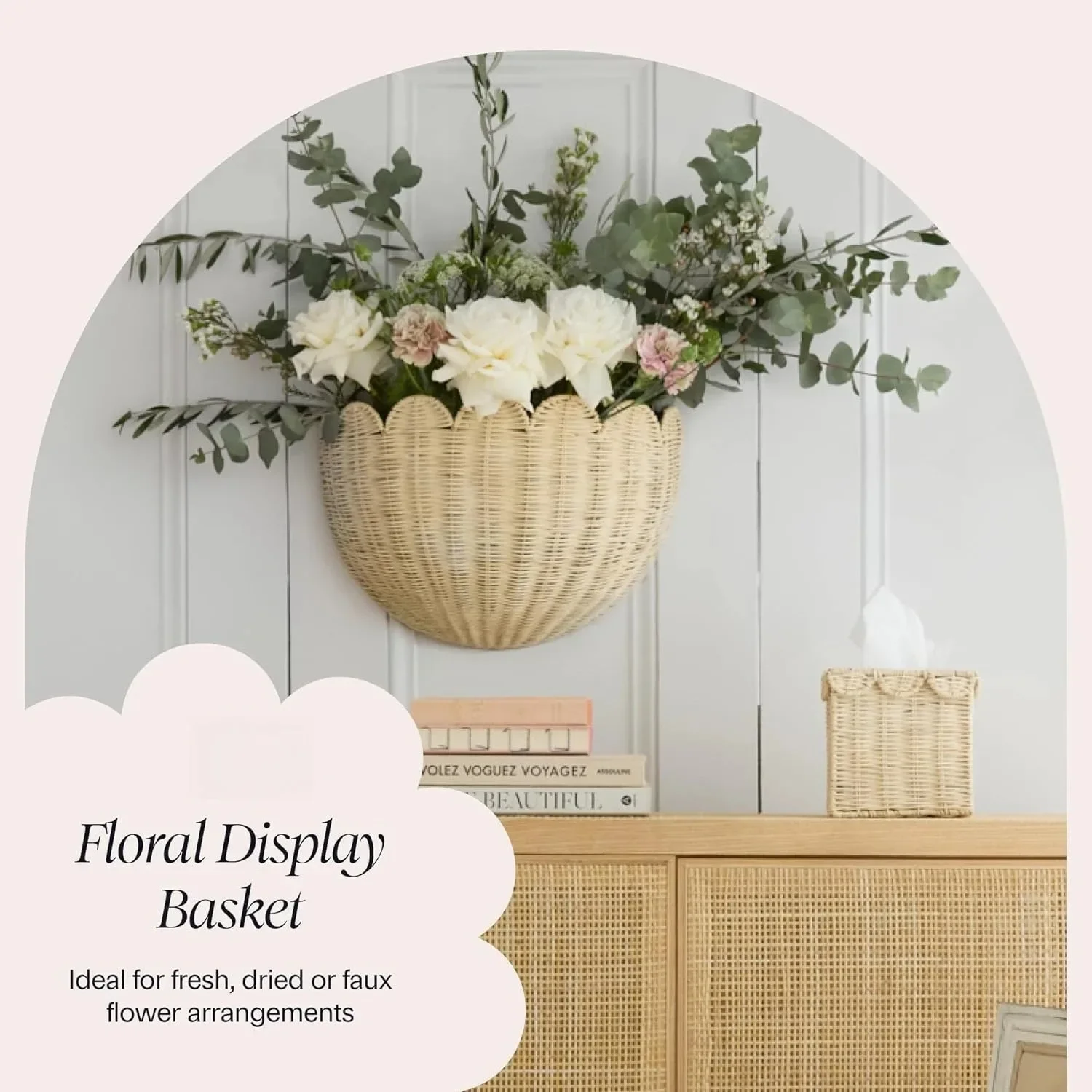 Handwoven Scalloped Wicker Wall Basket Set of Natural Rattan Hanging Baskets 16x10x7 in,suit for Nursery, Living Room Natural