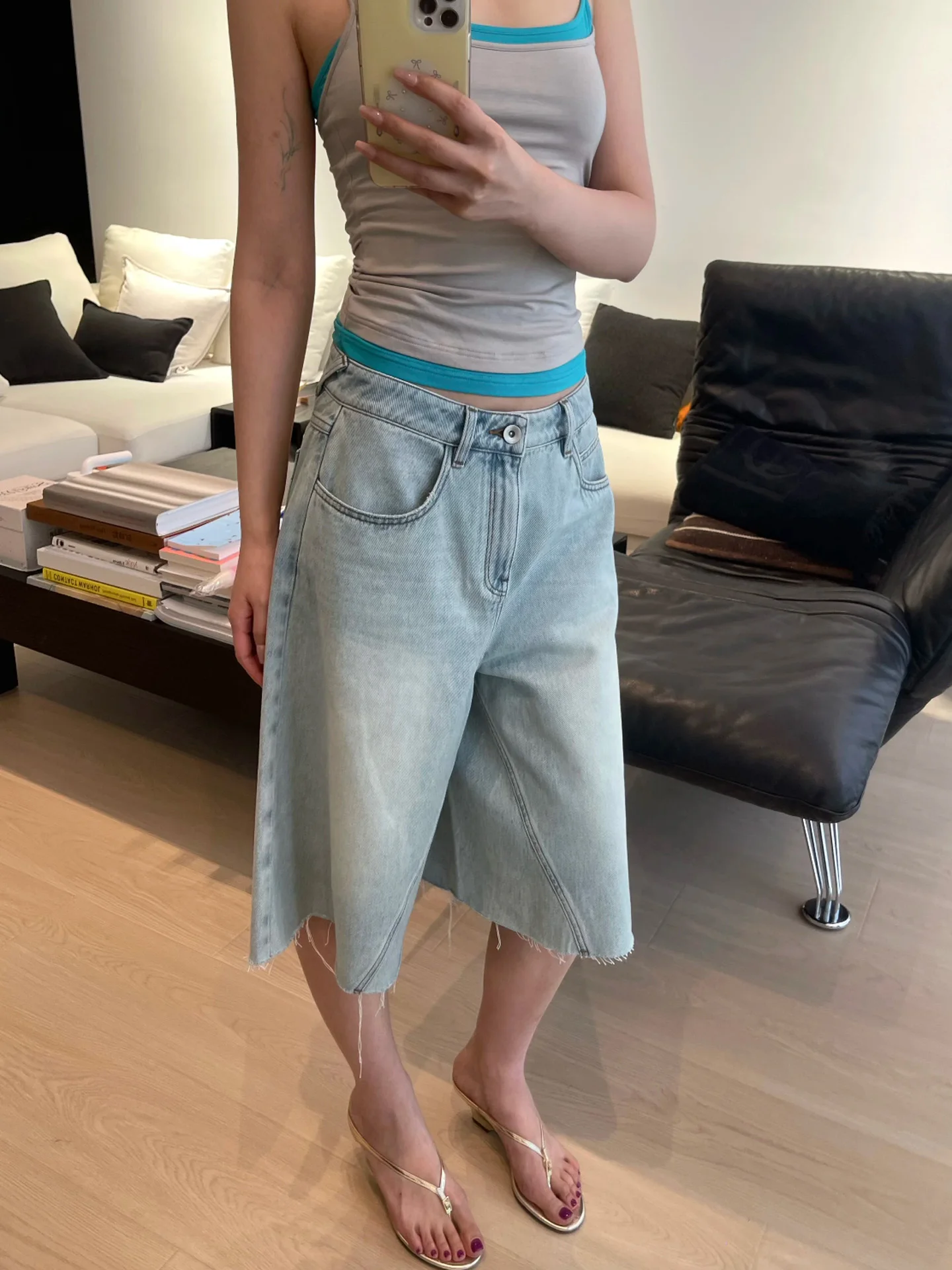 

Washed Light Blue A-Line Wide Leg Jeans Casual Style Natural Waist Denim Fabric Summer Season Ladies Loose Fit No Stretch