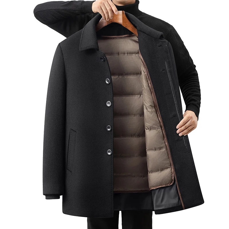 

Деловые повседневные теплые шерстяные пальто со съемной подкладкой из утиного пуха, шерстяные ветровки, куртки 2025 года, зимние мужские утепленные пуховые пальто