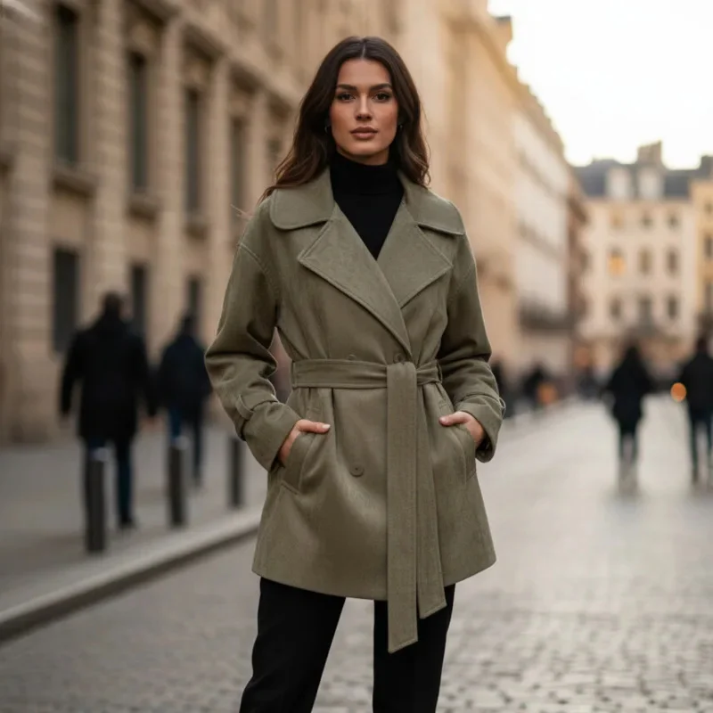 Veste en daim rétro pour femmes, Trench-Coat court avec ceinture à la taille avec col à revers, élégant, mode automne hiver, vêtements d'extérieur pour tenue décontracté