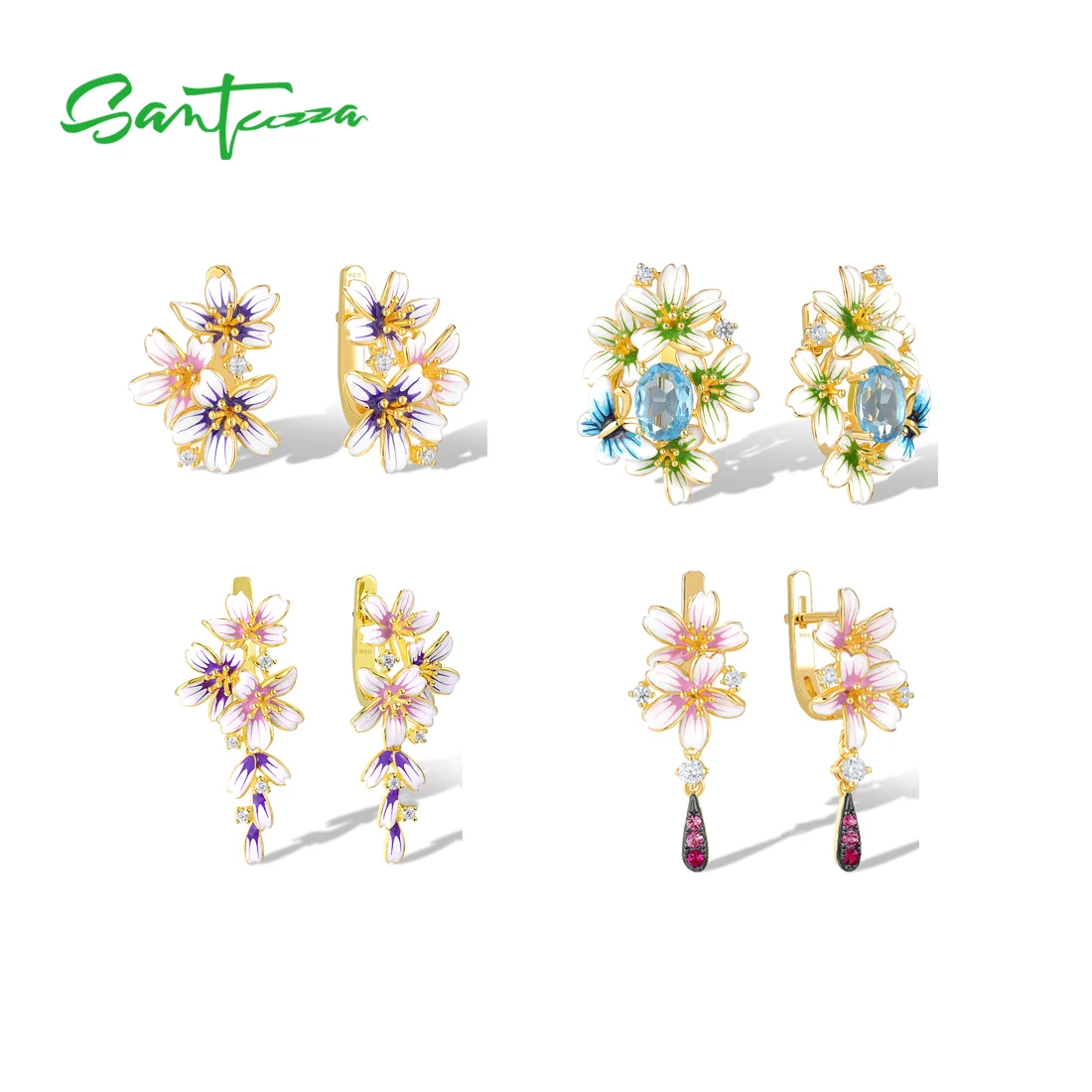 SANTUZZA 925 Real Sterling Silver Drop Earrings For Women Exquisite Flower Wedding Engagement Elegant Fancy Enamel Fine Jewelry