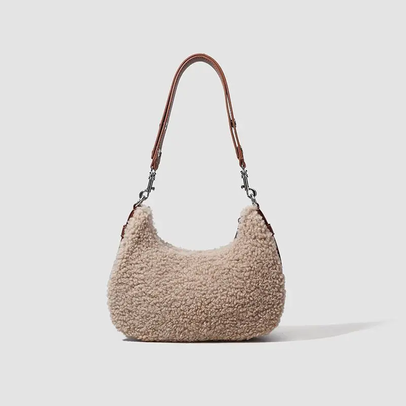 

Ladies Autumn Winter Fur oulder Bag Faionable Splicing Lamb Fur Handbag Commuter Sle Soft Leather Document ket