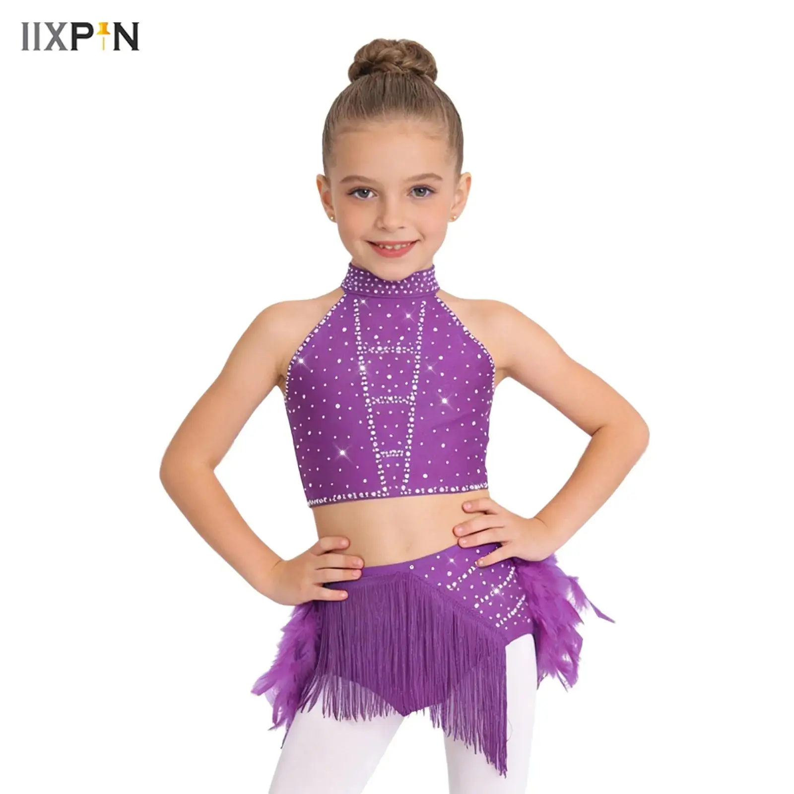 

Kids Girls Ballet Lyrical Dance Performance Costumes Sleeveless Rhinestones Crop Top+Feather Brief Bottoms Set for Samba Rumba