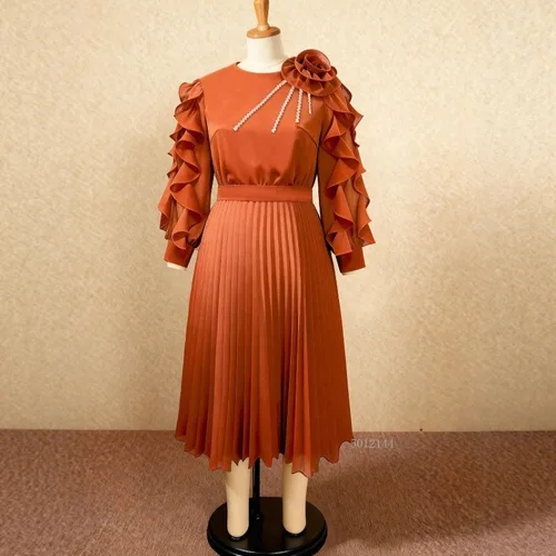 Imagen 2 del producto Vestido Midi plisado elegante Vintage para mujer, con mangas con volantes, cuello levantado, diamantes de imitación, elegantes trajes formales de fiesta de noche