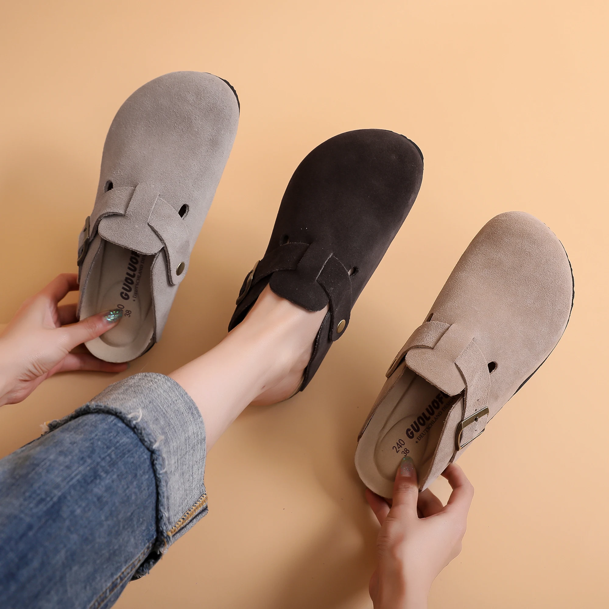 2023 Spring Women\'s Closed Toe Slippers Cow Suede Leather Sandals For Women Men Fashion Mule Clog Slides 35-46