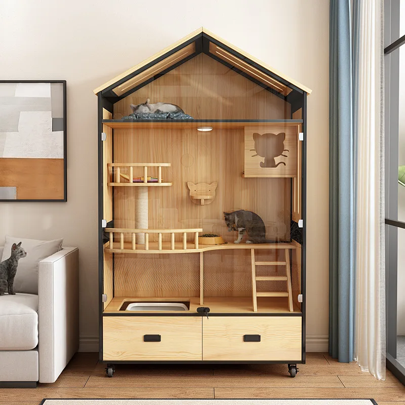 Cat House Penthouse apartment Cat Sands Basin with Toilet One Solid Wood Room Home Panorama Pet store Indoor Display Cabinet