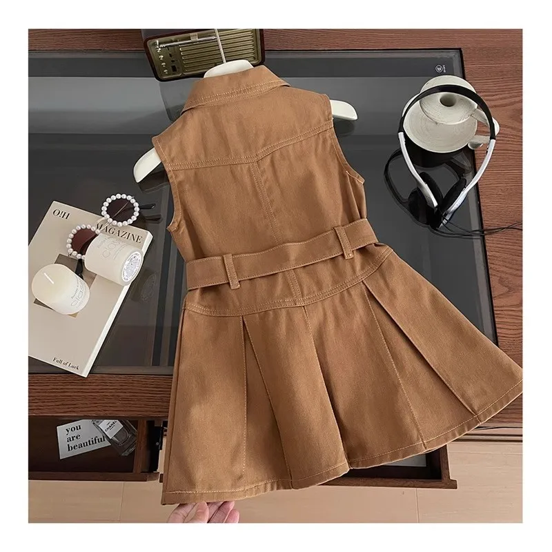 Girls' Dress Summer 2025 New Korean Style Sleeveless Vest Belt Princess Dress Trendy Summer Dress for Girls
