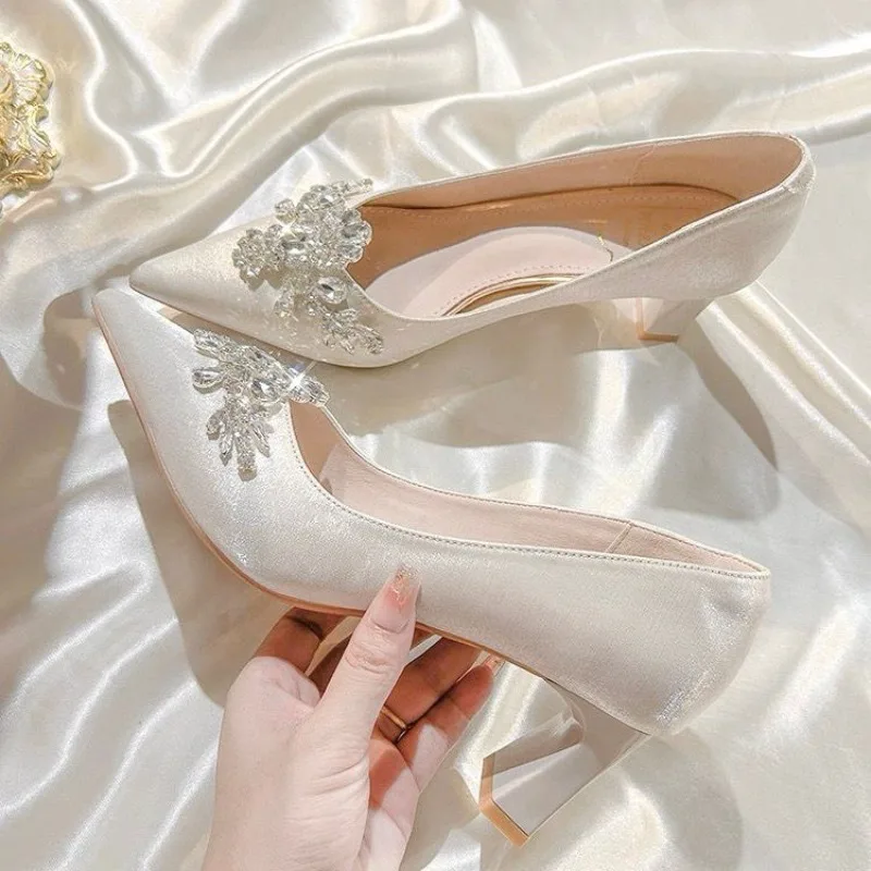 Gold  Heels Fine Heeled Shoes Sexy Pump 2024 All-Match Slip On Sandals Ladies Pointed Wedge Lace-Up Stiletto Crossdressers Cryst