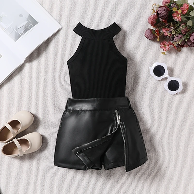 Little Girl Summer Outfit Solid Ribbed Sleeveless Tank Tops Leather Zipper A-line Skorts 2 Pcs Set