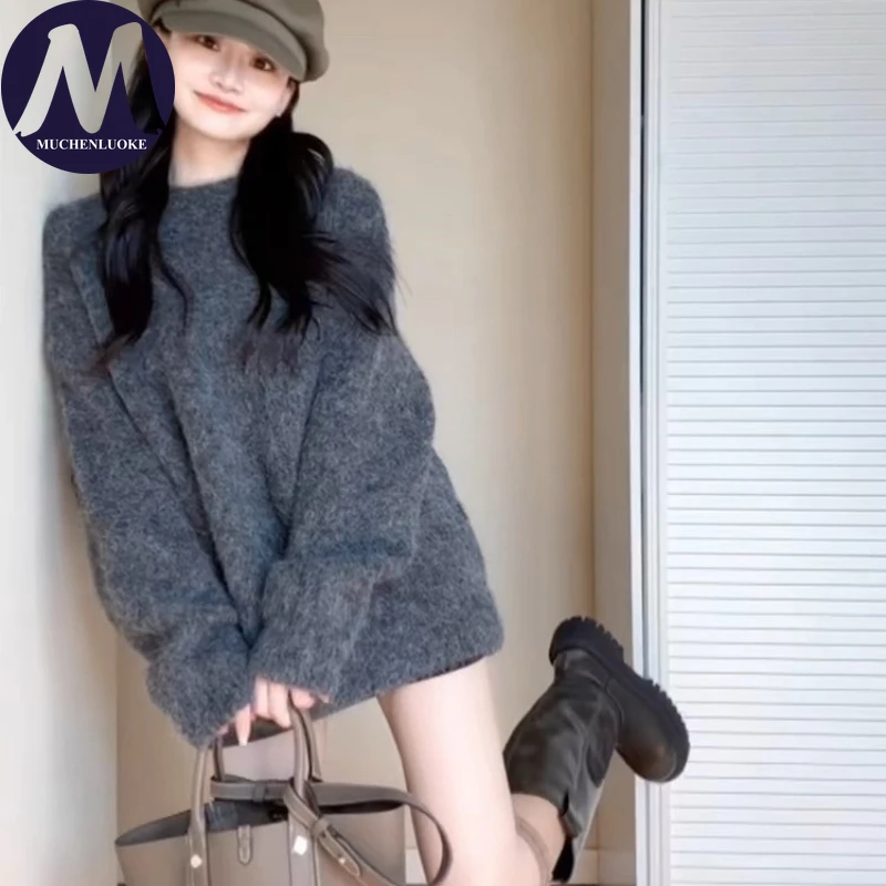 

Женский толстый вязаный свитер с круглым вырезом, корейский модный повседневный свободный теплый пуловер на осень-зиму, ленивый стиль