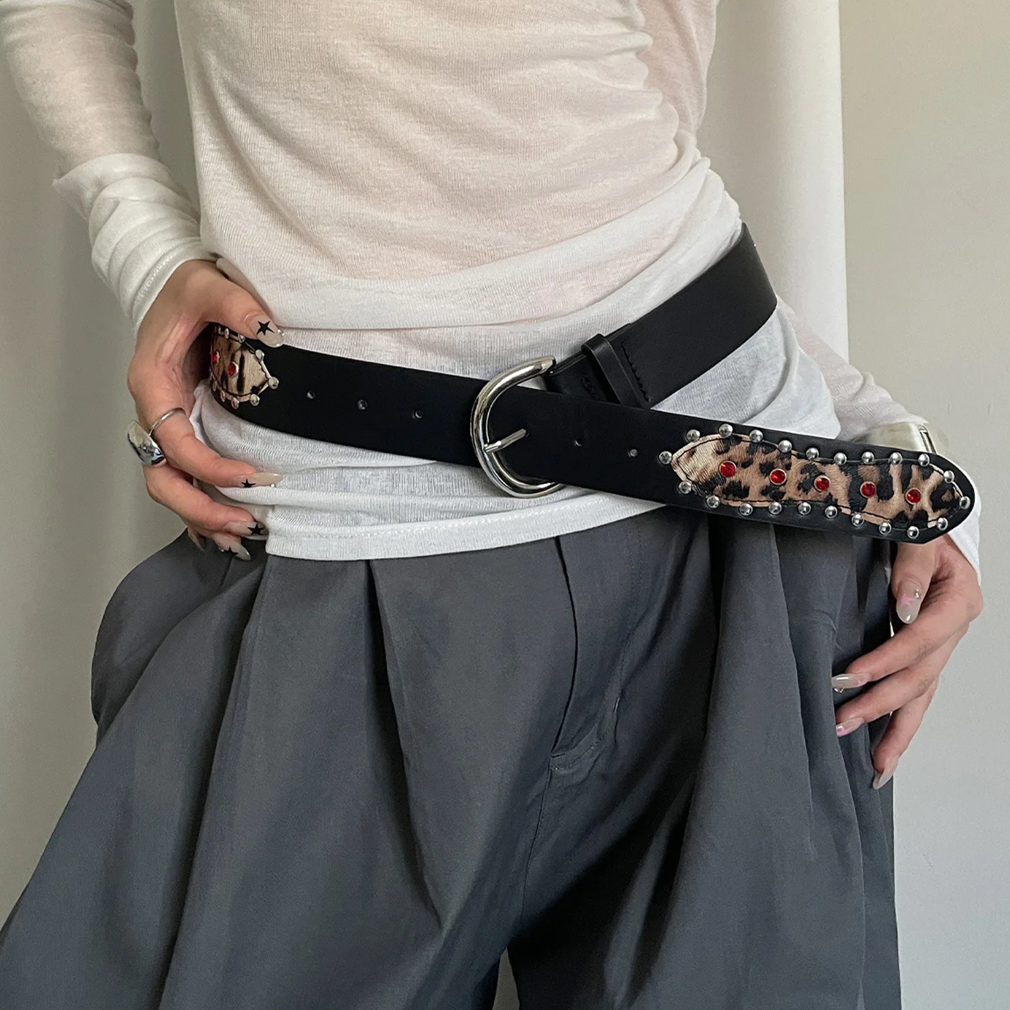 

Дизайнерский ремень в американском стиле с цветными блоками, пояс с леопардовым принтом и шипами для женщин, аксессуар в готическом стиле, пояс Y2k