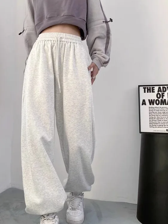 plus Size Grey American Style Sports Pants Women's Spring Autumn 2025 New Lantern Loose Casual Sweatpants High Waist Elastic ...