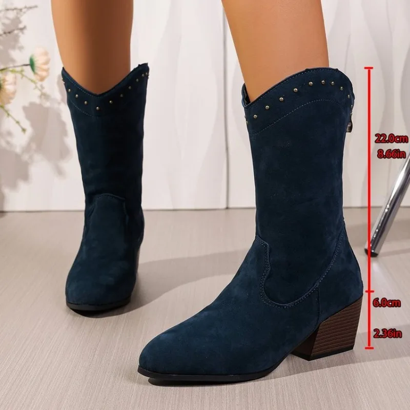 

Western Cowboy Boots for Women Autumn Pointed Toe Thick Heel High Knee Boots Woman Loose PU Leather Long Botas Mujer Plus Siz 43