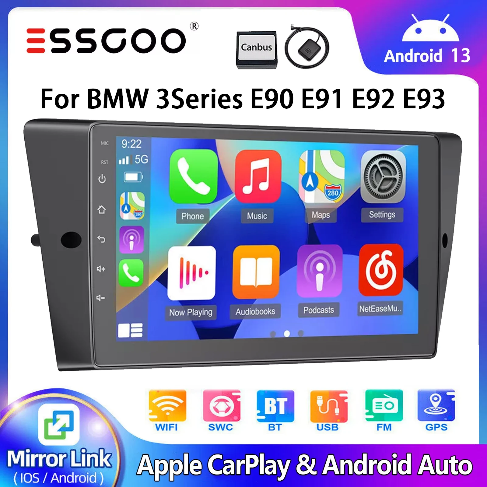 Essgoo 2 DIN 9Inch Carplay Car Stereo Multimedia Video Player Radio Android 13 For BMW 3er E90 E91 E92 E93 GPS NAVI WiFi FM BT