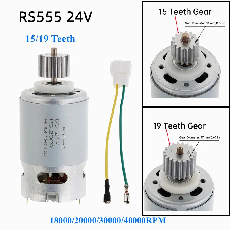 15/19 Teeth RS555 DC Motor 24V 18000-40000RPM High Speed 7R Motor Pinion Gears Motor for Remote Control Ride on Car Upgraded