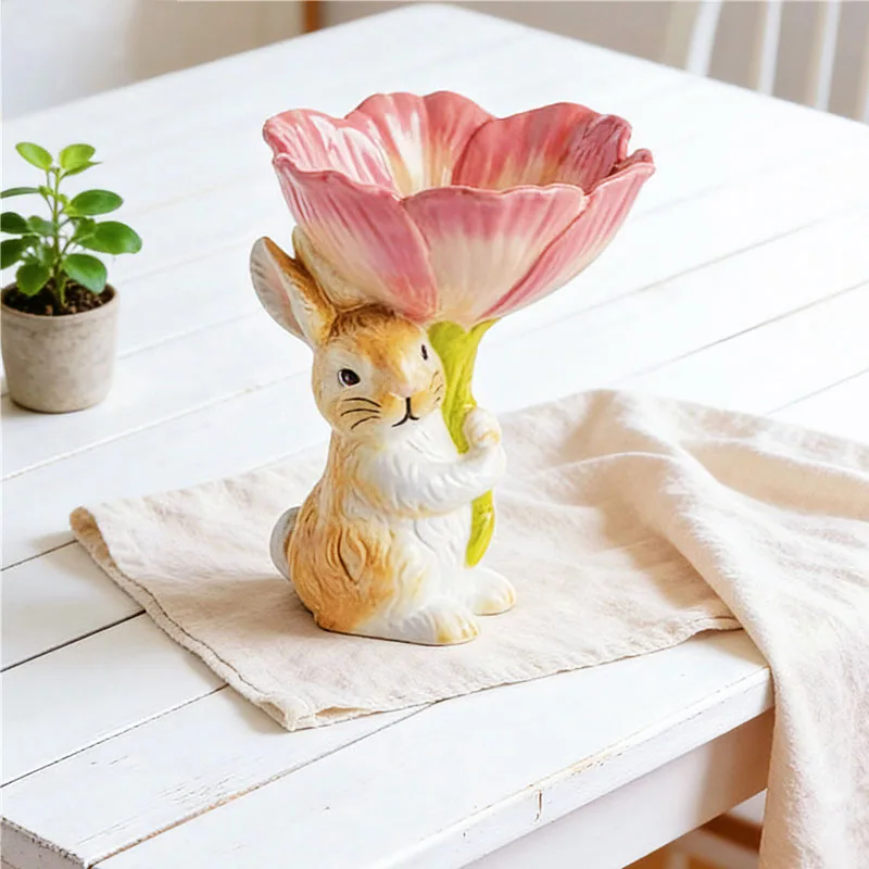 Nordic Rabbit Flower Storage Ceramic Ornaments Living Room Bedroom Dining Table Candy Jewelry Plate Storage Crafts Birthday Gift