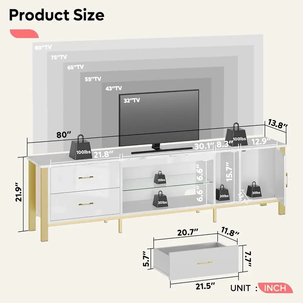 TV Stand or 75/80/85 inch TVs, LED Gaming Entertainment Center, Media ole with Glass Shelves or Living Room, 2 Storage Ders & Ca