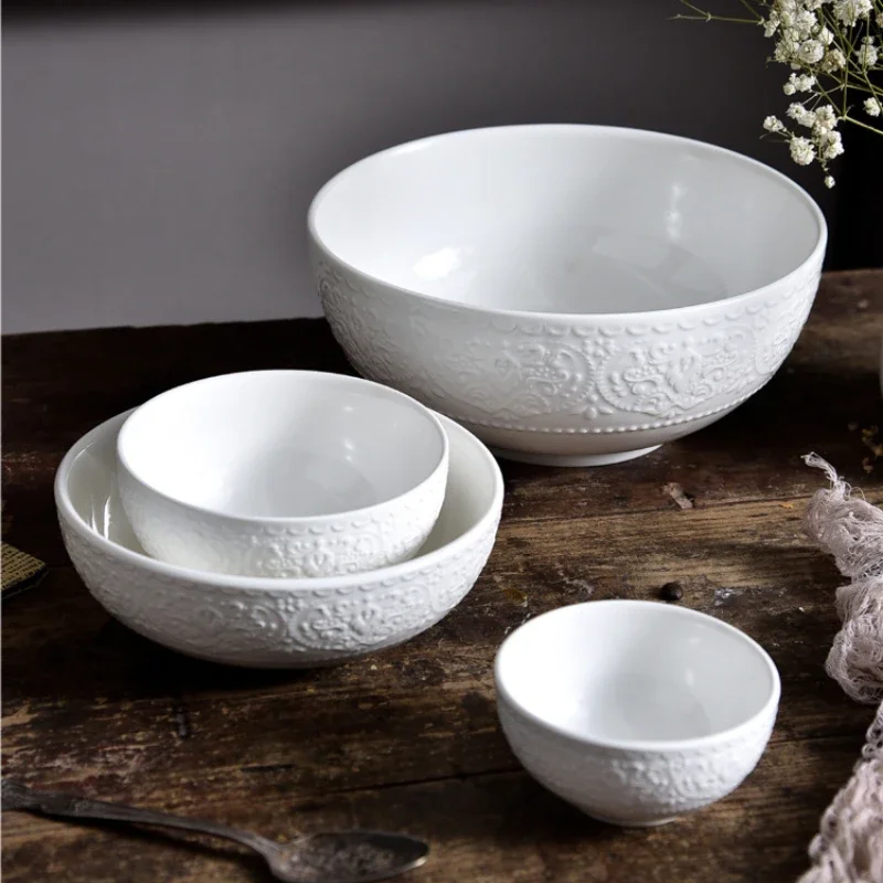 Nordic Ceramic Large Simple Round Soup Rice Ramen Bowl White Porcelain Embossed Salad Instant Noodles Bowl Kitchen Tableware