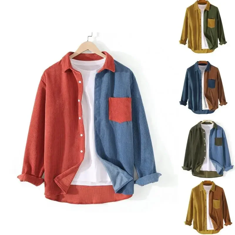 New Cargo Corduroy Men Long Sleeve Casual Patchwork Pocket Men's Shirts High Quality Overshirt Blouses Male Clothing