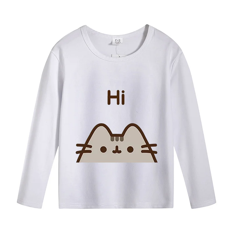 Pusheen Long Sleeve T-shirt Cartoon Cat Cute Base Tee Kids White Black T-shirts Boys Girls Clothes Tshirt Autumn Spring Clothing