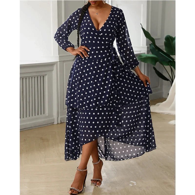 Casual Female Long Sleeve V Neck Corset Bohemian Vacation Dress Women Elegant Fashion Dot Print Loose Ruffle Long Dress