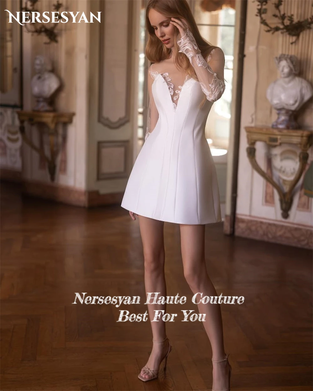 Nersesyan Mini Lace Vintage Wedding Dresses A-Line Appliques High Neck Bridal Gowns See Through Long Sleeves Birde Dress 2024