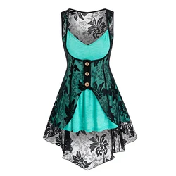 2024 Women Sexy Vest Heathered Flare Skirted Cami Top and Mock Button Slit Flower Lace Vest Set