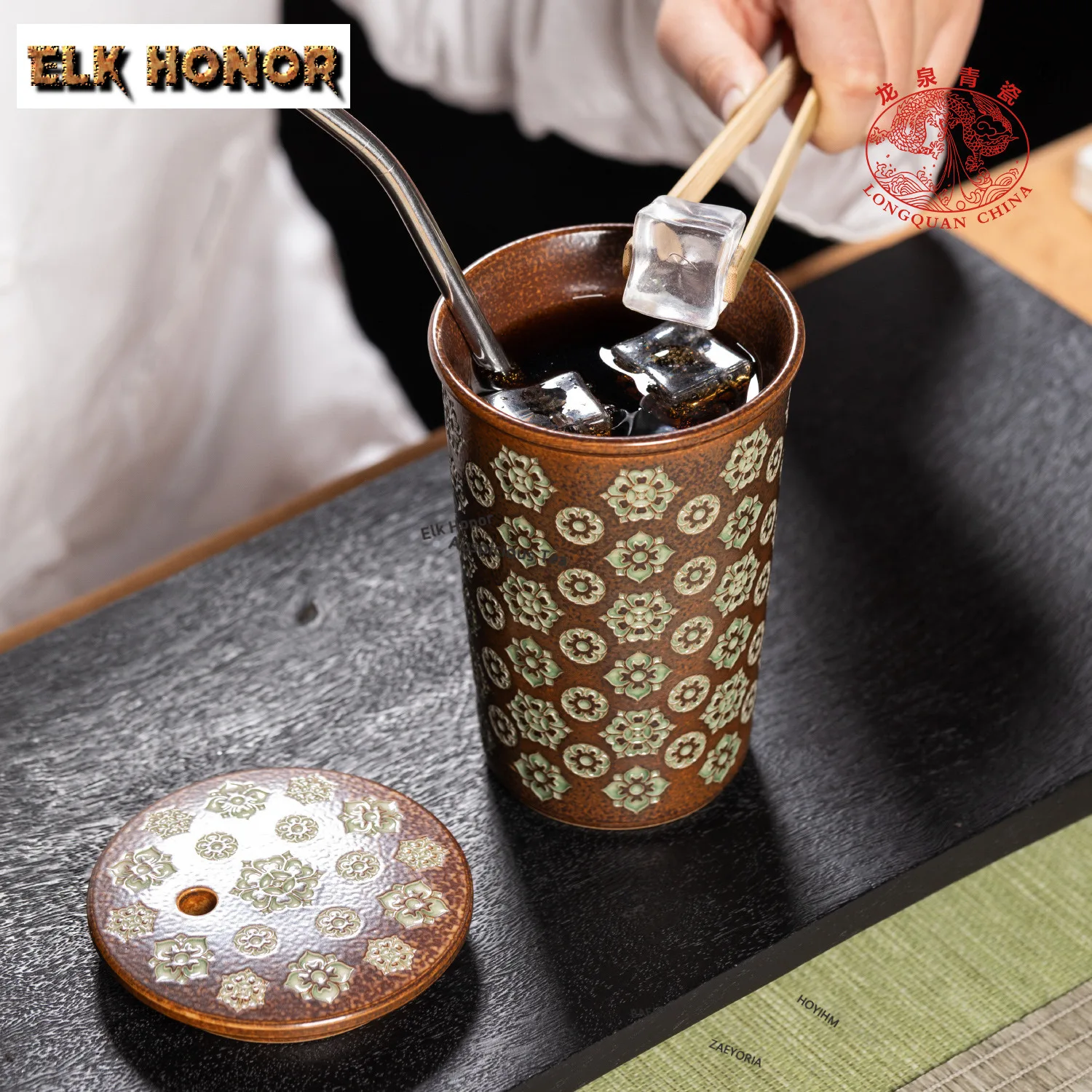 370ml Handmade Gray Glaze Longquan Celadon Straw Cup Cola Lid Mug Bubble Teacup Cold Hot Water Jug Office Water Cup Tableware