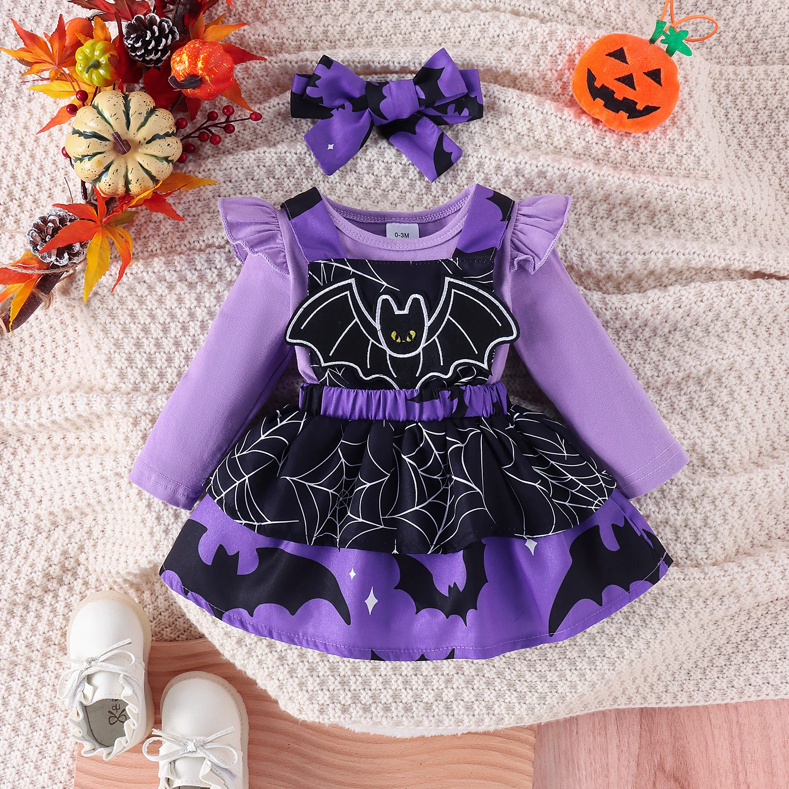 Halloween Newborn Baby Girls Clothes 3PCS Romper+Strap Dress+headband Sets Bat/Pumpkin/Ghost Embroidery Costume Outfits 0-18M