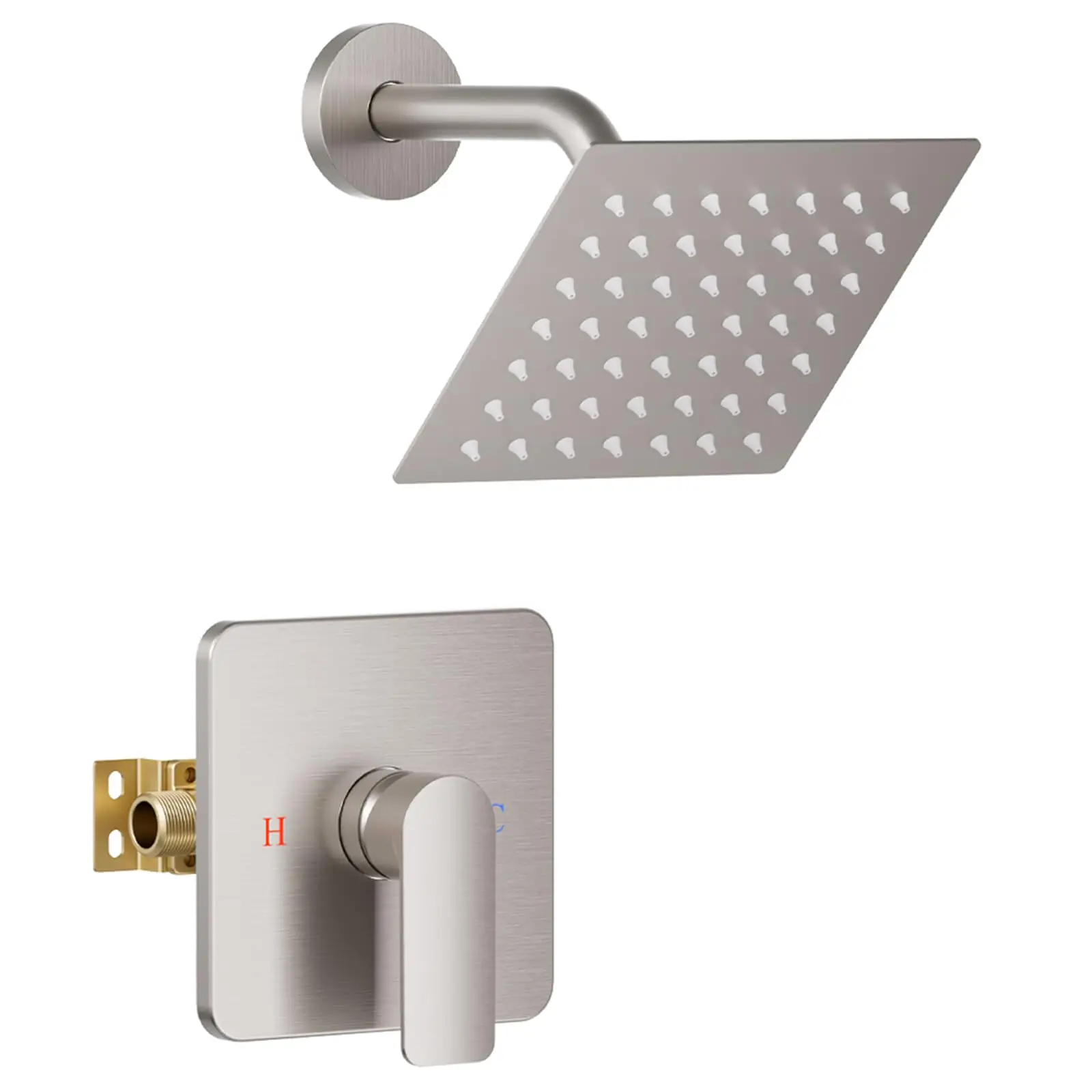 

6 Inch High Pressure Shower Faucet With Valve Kit Square Head Brushed Stainless Steel