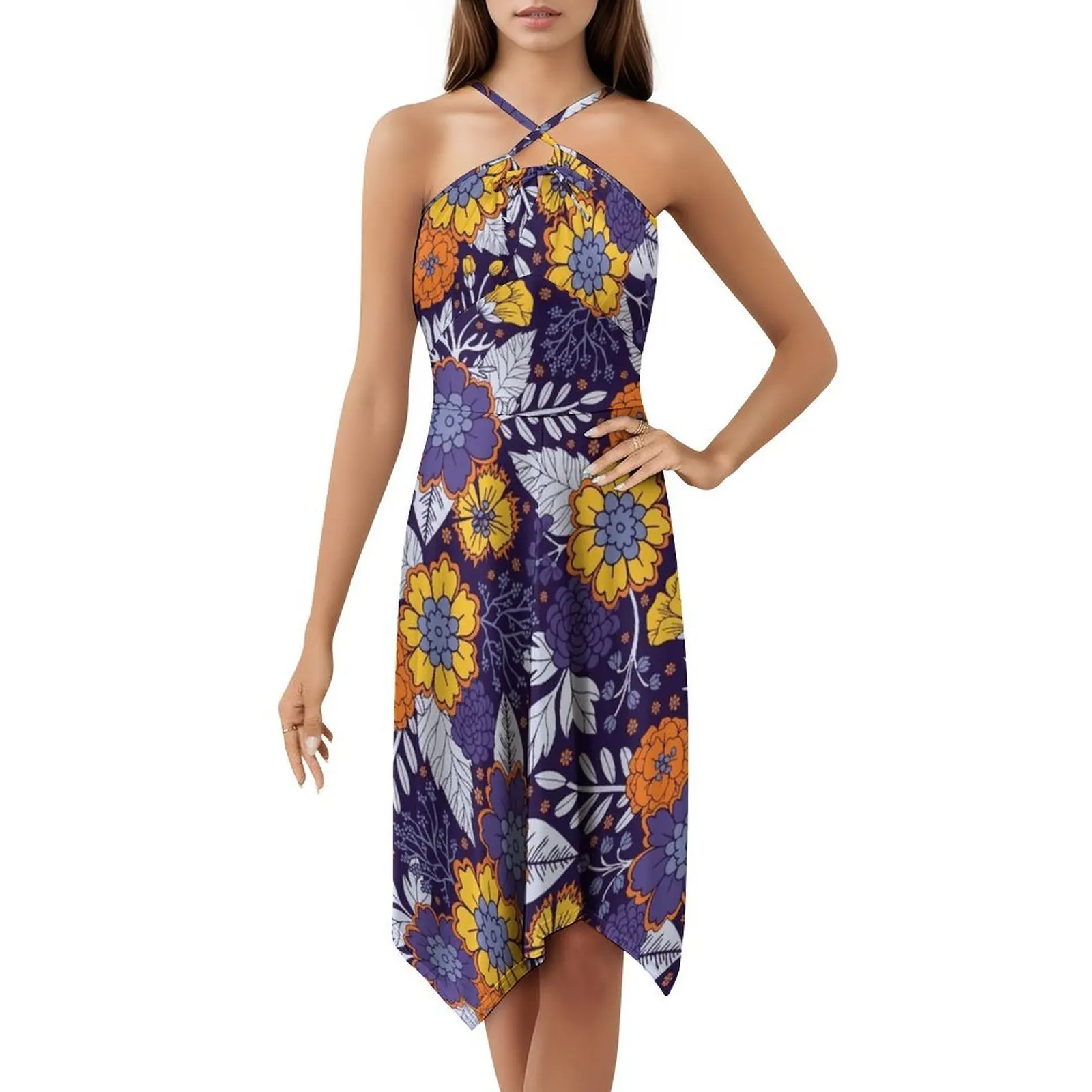 فستان على الطراز الكوري باللون الأرجواني والأصفر والبرتقالي / نمط الأزهار للنساء فستان كاجوال أنيق للحفلات أو الارتداء اليومي