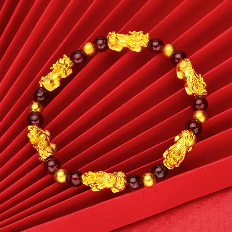 

Women's 24K Gold (AU999) Pi Xiu Prayer Bead Bracelet | Matte-Gilt Two-Tone Pi Xiu, Chiseled Heart Sutra on Fortune Beads