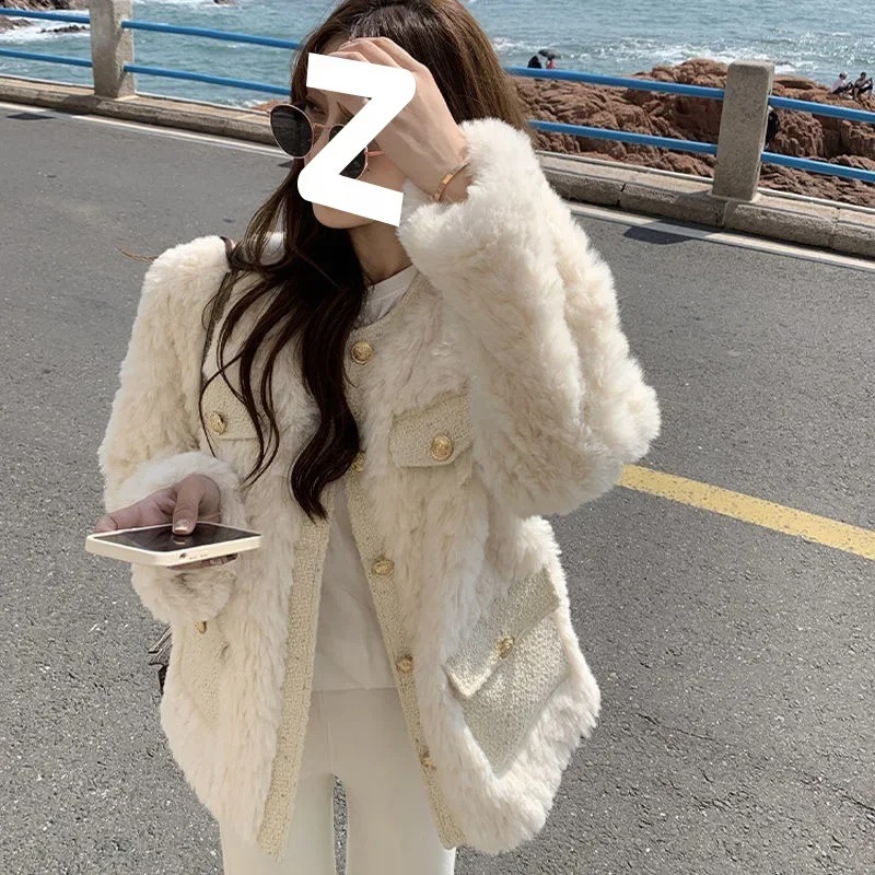 Korean Fashion Lamb Wool Coats Women Streetwear O-Neck Faux Fur Jackets Woman 2023 Autumn Winter Thick Warm Plush Coat