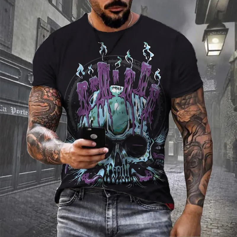 summer New T Shirts for Men round neck T Shirt 3d Skull Graphic Print T-shirts Short Sleeve fashion casual loose Men\'s Clothing