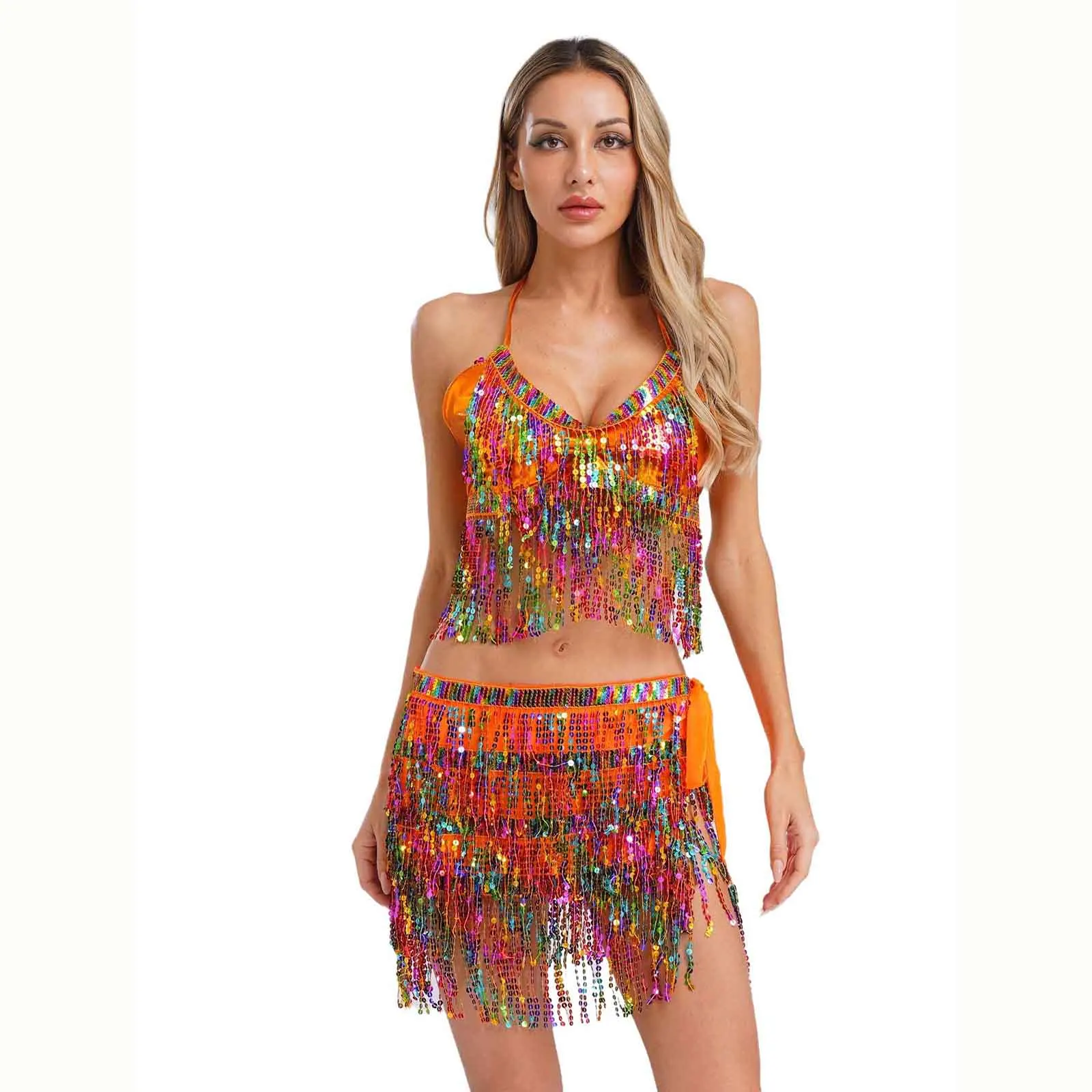 

Sparkling Belly Dance Performance Outfit Female Halter Tie Up Bra Tops with Hip Scarf Set for Belly Cha-Cha Competition Wear