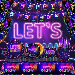 Glow Party Tablecloth Napkins Cups Plates Banner Neon Latex Balloons for Glow Birthday Party Disco Wedding Decoration Supplies