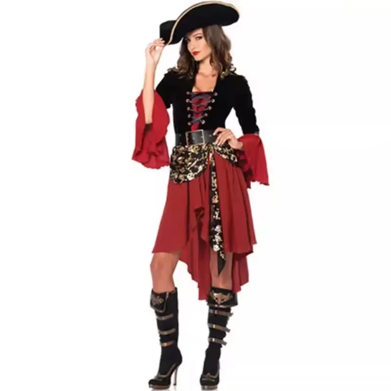 

Purim Female Caribbean Pirates Captain Costume Halloween Cosplay Suit Woman Gothic Medoeval Fancy Dress Performance outfit
